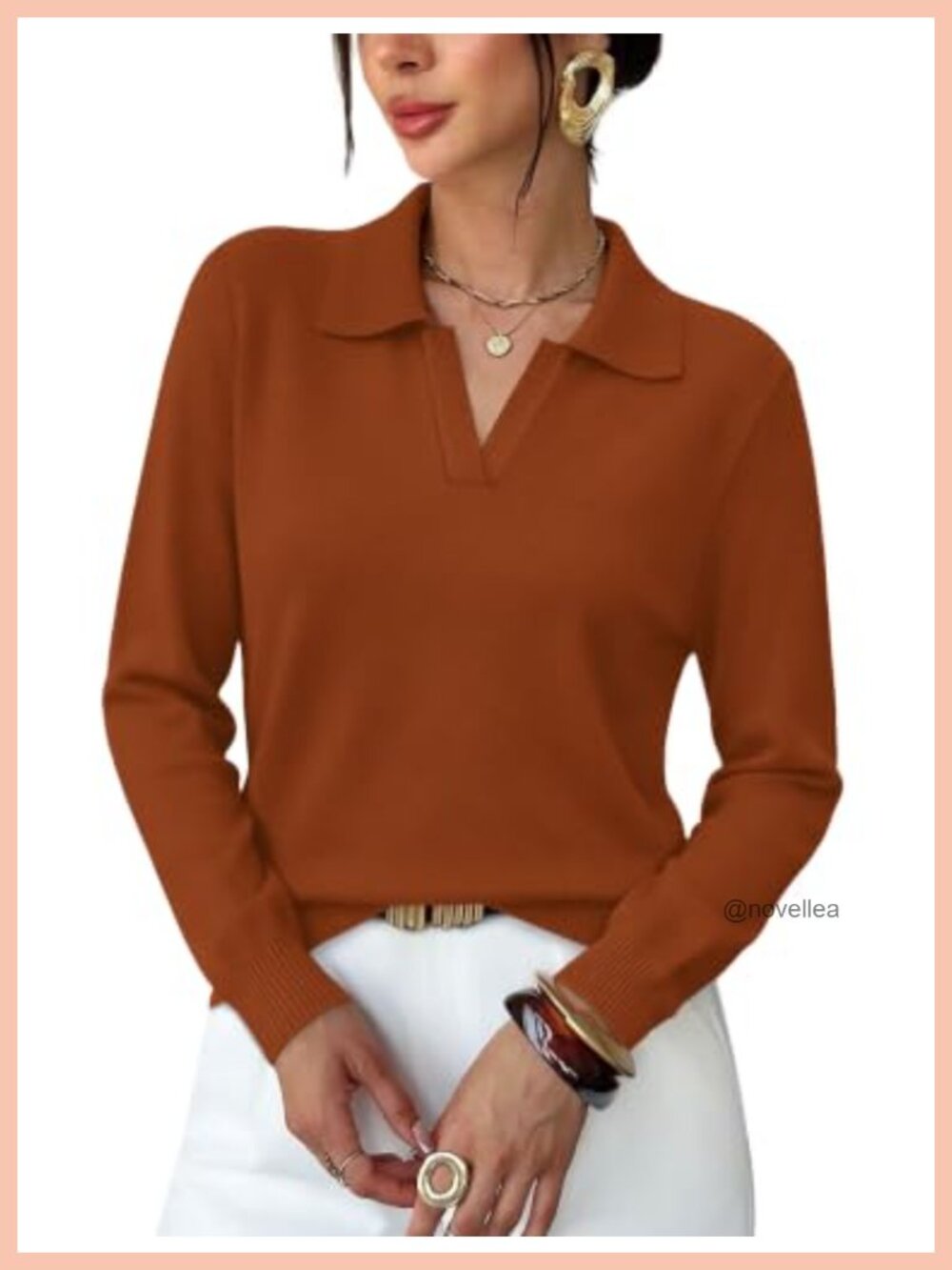 OFEEFAN Women's Polo Collar V-Neck Long Sleeve Sweater Business Casual Fall